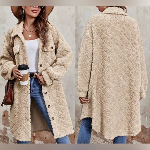 New Flap Detail Drop Shoulder Teddy Coat Shacket Button Down Long Sleeve Warm - Picture 1 of 16